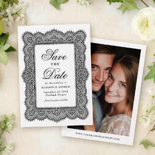 Save The Date Mariage romantique noir dentelle vintage photo