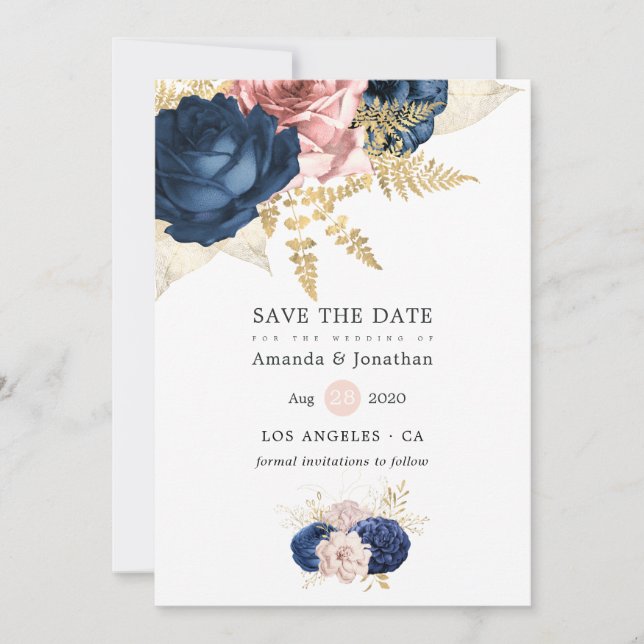 Save The Date Mariage Rose de la marine et de Blush (Devant)