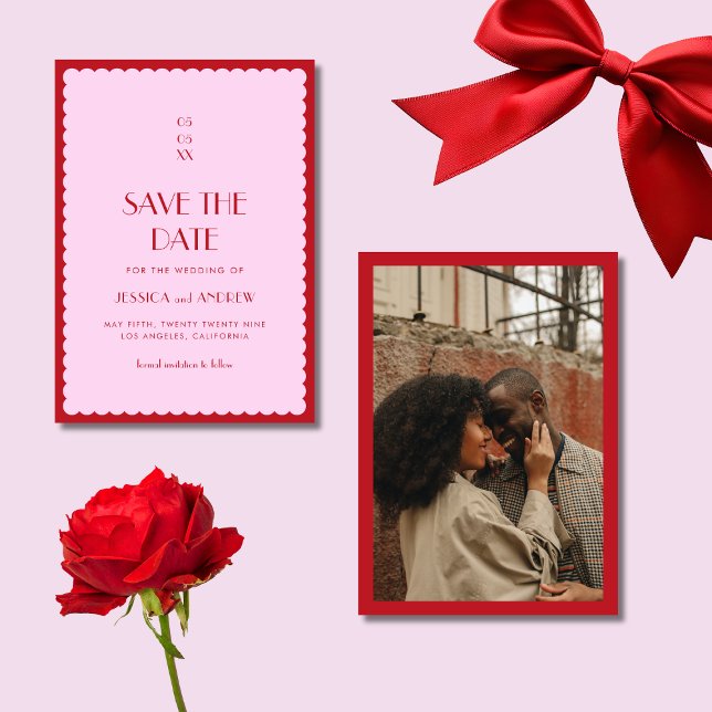 Save The Date Mariage rose et rouge Vague Retro Seventies (Créateur téléchargé)