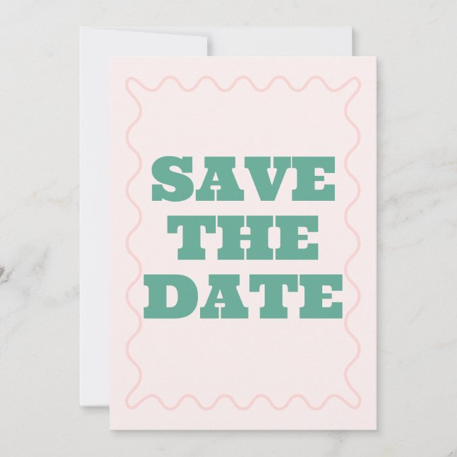 Save The Date Mariage rose et vert ondulé (Devant)