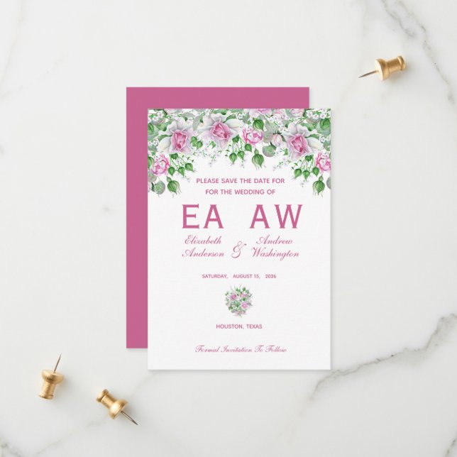 Save The Date Mariage Rose romantique rose (Devant/Arrière en situation)