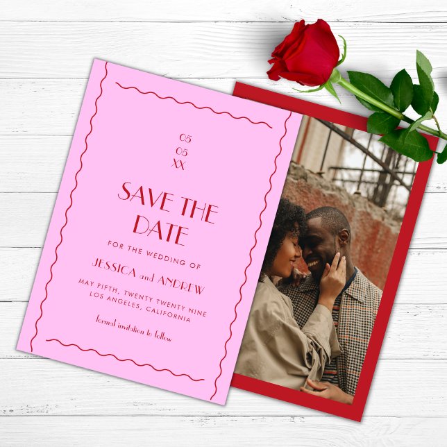 Save The Date Mariage rose rouge rétro Wavy Seventies (Créateur téléchargé)