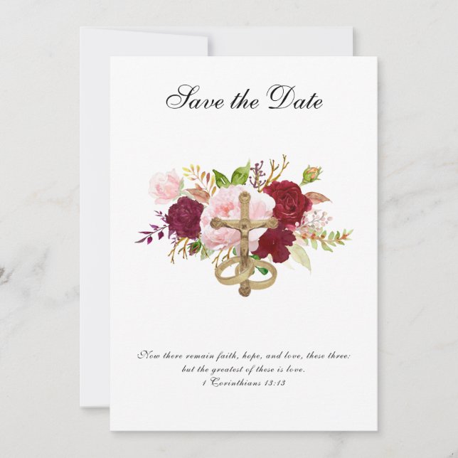Save The Date Mariage Roses rouges et roses crucifix religieux (Devant)
