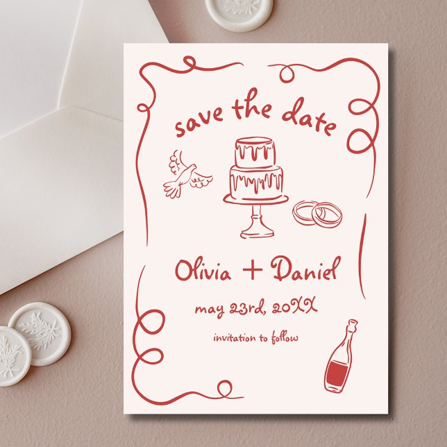 Save The Date Mariage Rouge Dessiné à la Main de Fantaisie (Créateur téléchargé)