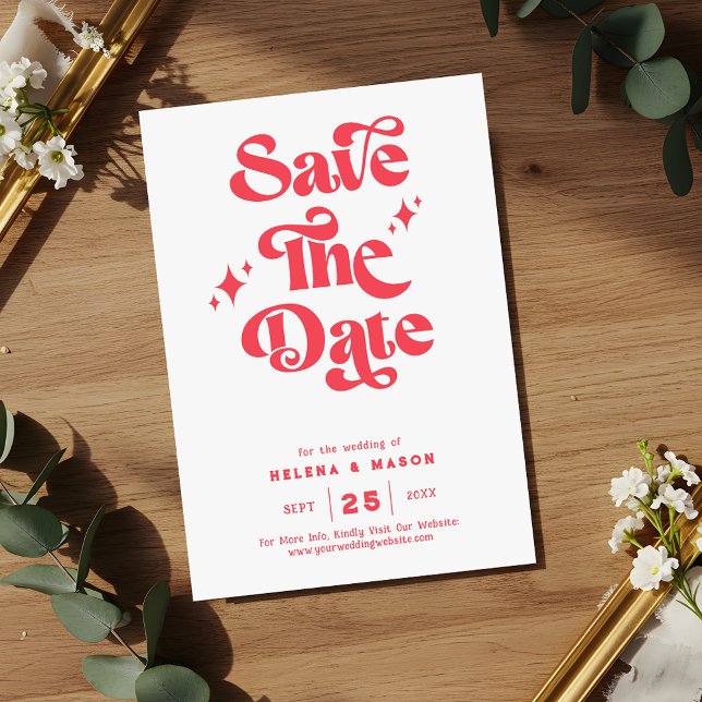 Save The Date Mariage rouge et blanc rétro moderne (Créateur téléchargé)