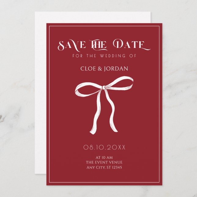 Save The Date Mariage ruban arc rouge (Devant / Derrière)