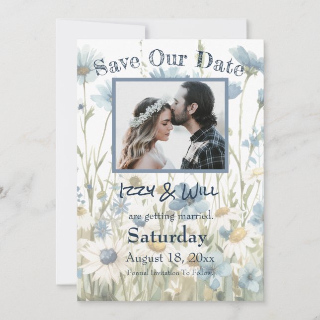 Save The Date Mariage rustique avec des pâquerettes et du denim  (Devant)