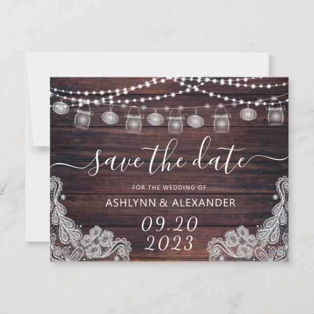 Save The Date Mariage Rustique Bois Mason Lumières Jar ENREGISTR (Devant)