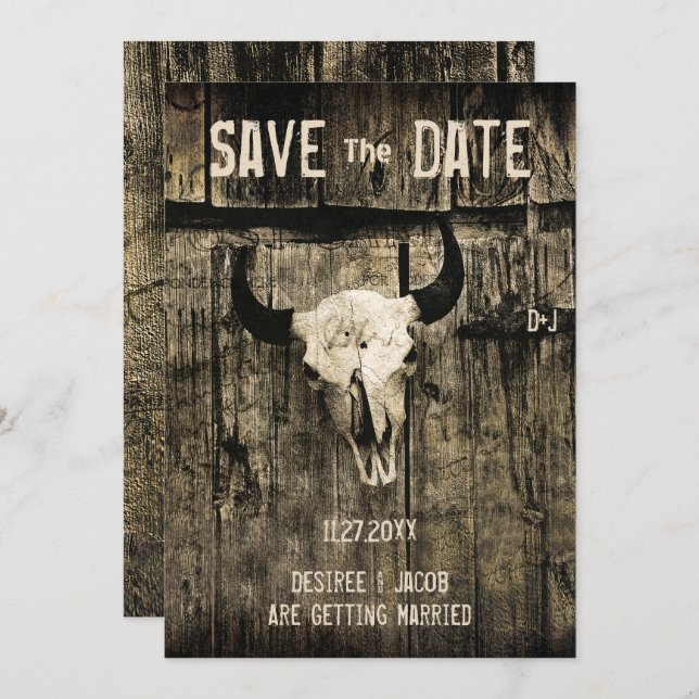 Save The Date Mariage Rustique Crâne De Vache Occidentale Enregi (Devant / Derrière)