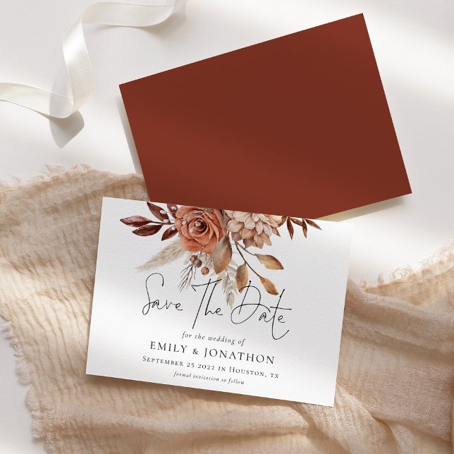 Save The Date Mariage Rustique de fleurs en terre cuite (Front and back view)