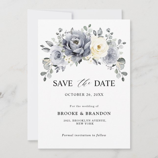 Save The Date Mariage rustique d'hiver gris argenté et floral iv (Devant)