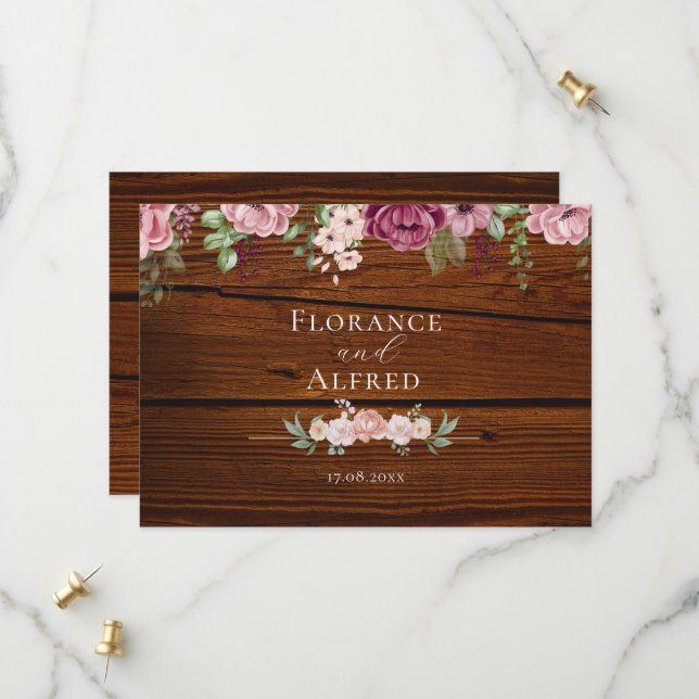 Save The Date Mariage rustique en bois floral élégant blanc bord (Devant/Arrière en situation)