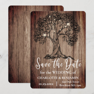 Save The Date Mariage rustique en chêne de bois et lumières à co