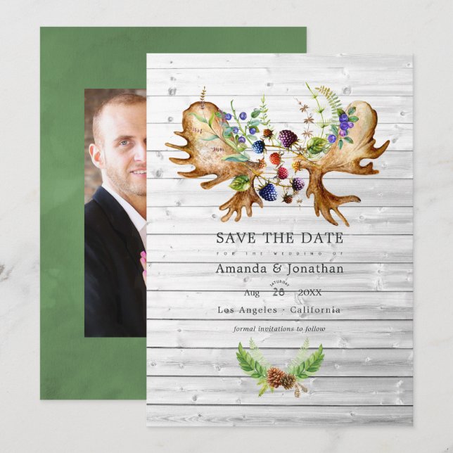 Save The Date Mariage rustique en forêt à l'aquarelle Photo (Devant / Derrière)