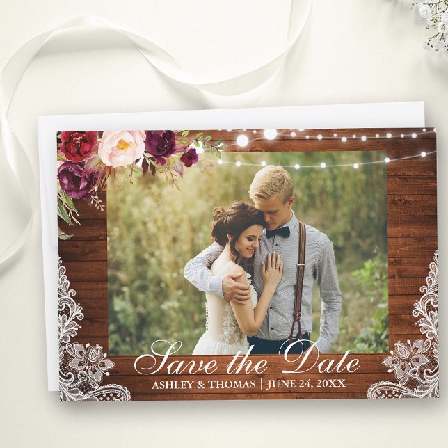 Save The Date Mariage rustique Lace Burgundy Floral Enregistrer  (Customize to change text size, style or to add more text to back of card.)