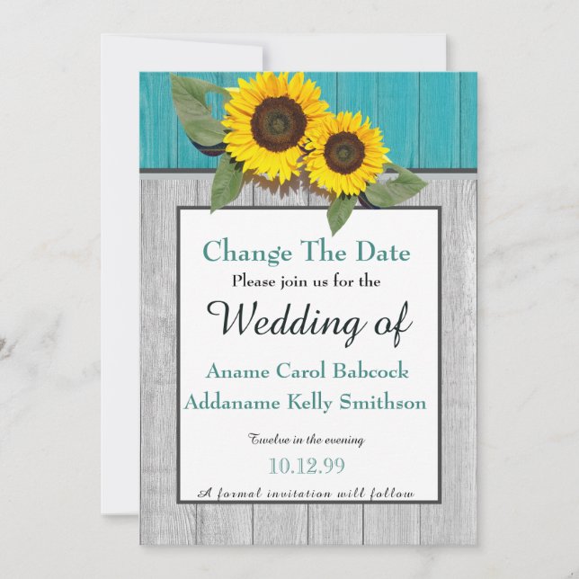 Save The Date Mariage Rustique Tournesol Bleu Gris Bois Chic (Devant)