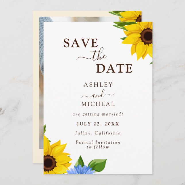 Save The Date Mariage Rustique Tournesol plat Enregistrer la car (Devant / Derrière)