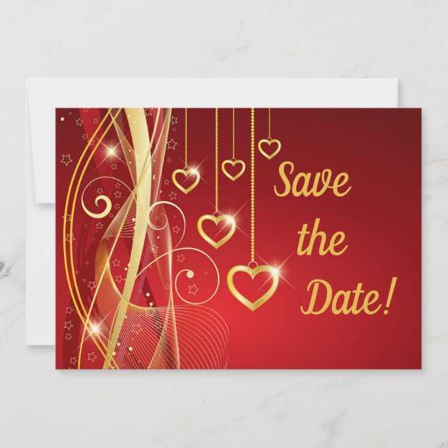Save The Date Mariage Sauvez la date Romantique Red Gold Hearts (Devant)