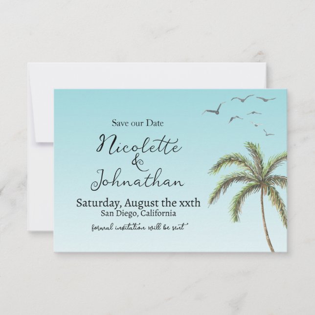 Save The Date Mariage Simple à la Plage avec Palmier et Oiseaux (Devant)