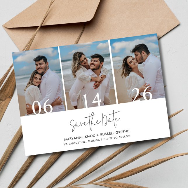 Save The Date Mariage simple à trois photos de plage (Simple Three Photo Beach Wedding Save The Date)