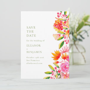 Save The Date Mariage Simple Floral Moderne Rose Orange Vert