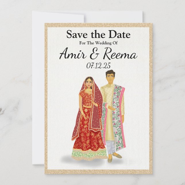 Save The Date Mariage sud-asiatique illustré couple (Devant)