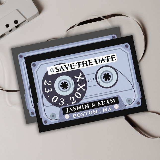 Save The Date Mariage sur cassette audio noire rétro (Créateur téléchargé)