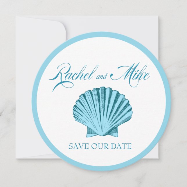 Save The Date Mariage sur la plage coquille Saint-Jacques | bleu (Devant)
