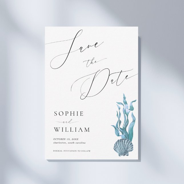 Save The Date Mariage sur la plage océane avec coquillage bleu c (Créateur téléchargé)