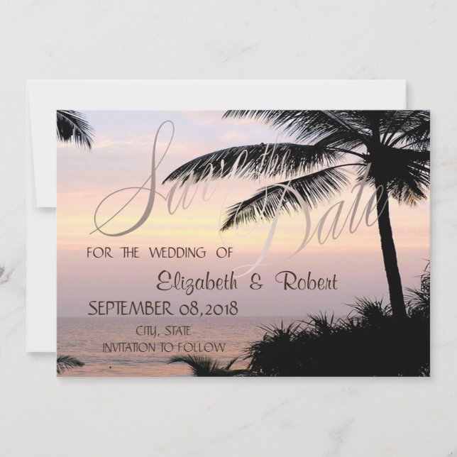Save The Date Mariage sur la plage Palmiers Coucher de soleil  S (Devant)