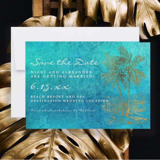 Save The Date Mariage Teal Gold Palmier Tropical Sauver Notre Da (Créateur téléchargé)