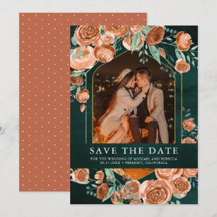 Save The Date Mariage Terre Cuite Orange Brûlé Émeraude Floral