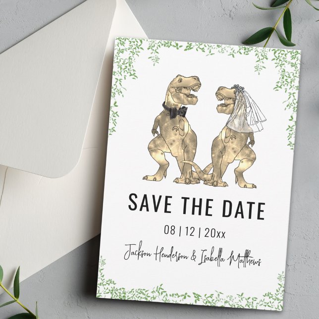 Save The Date Mariage Thème Dinosaure Vert  (Funny dinosaur T-Rex bride and groom green foliage wedding save the date card)