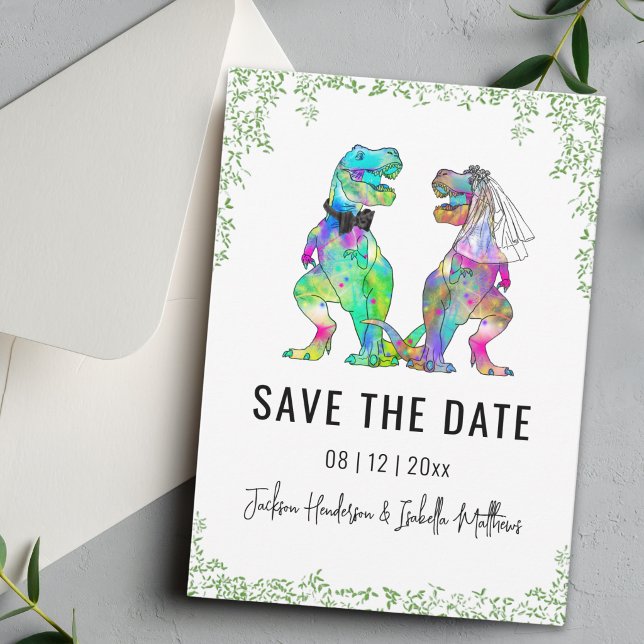 Save The Date Mariage Thème Dinosaure Vert  (Funny colorful T-Rex bride and groom Dinosaur wedding save the date card Watercolor foliage)
