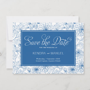 Save The Date Mariage Toile de Chine Florale Bleu de Delft