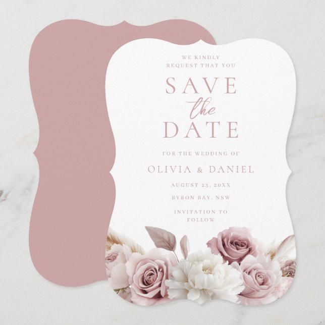 Save The Date Mariage Toutes Saisons Rose Poussiéreuse & Roses R (Devant / Derrière)