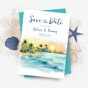 Save The Date Mariage Tropical Beach Sunset & Palm Tree