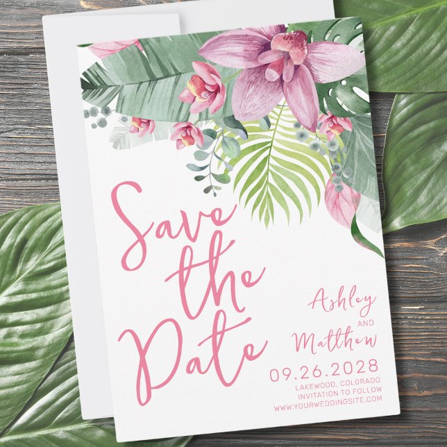 Save The Date Mariage tropical de l'orchidée (Pink Green Foliage Floral Tropical Wedding Save The Date)