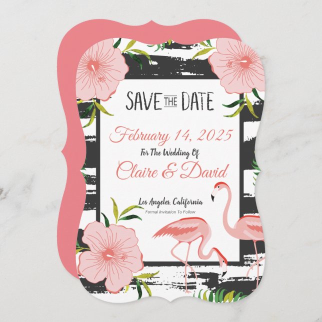 Save The Date Mariage Tropical Flamant Rose (Devant / Derrière)