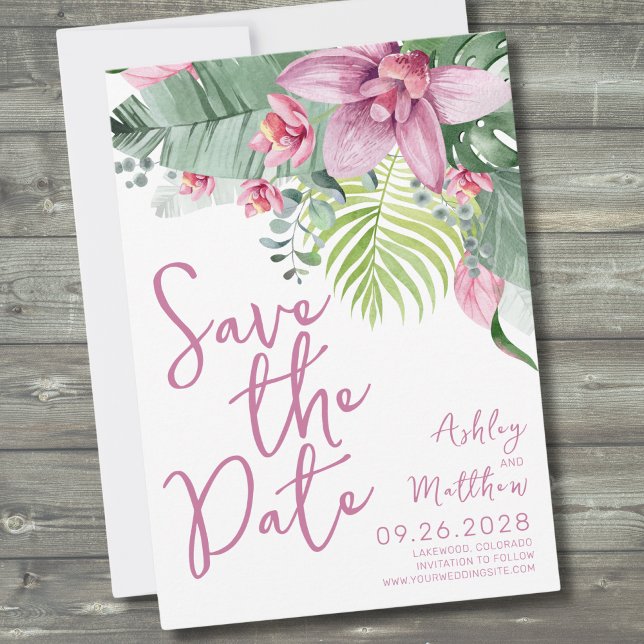 Save The Date Mariage Tropical Fleur Orchidée (Purple Orchid Foliage Floral Tropical Wedding Save The Date)