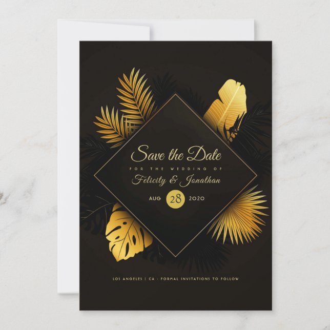 Save The Date Mariage Tropical Noir et Or (Devant)