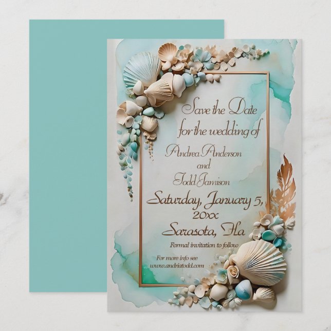 Save The Date mariage turquoise en bord de mer (Devant / Derrière)