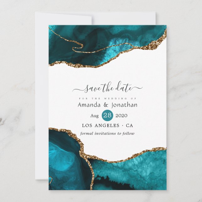 Save The Date Mariage Turquoise et Agate Dorée (Devant)