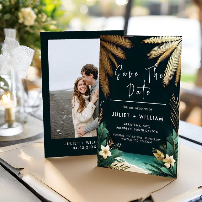 Save The Date Mariage Turquoise Palm Beach Vert et Or (Créateur téléchargé)