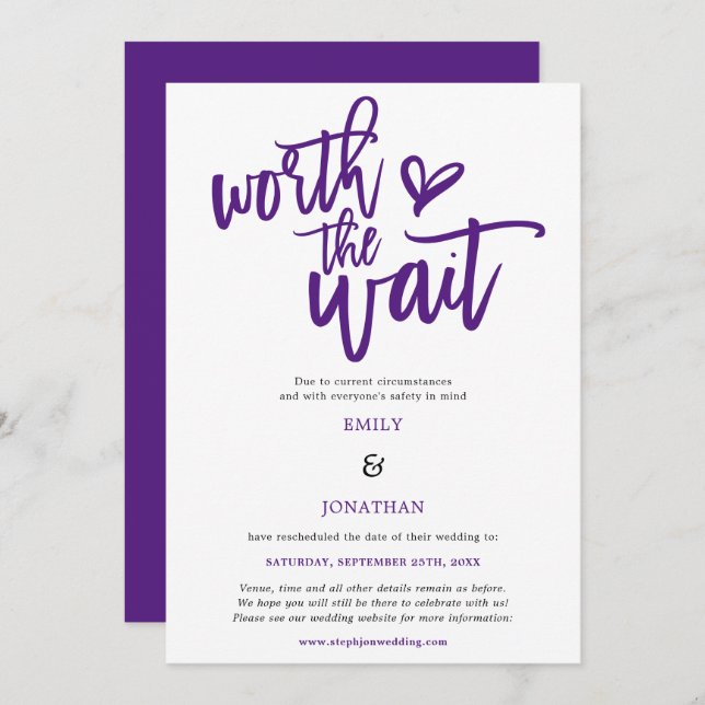 Save The Date Mariage vaut le  d'attente violet (Devant / Derrière)
