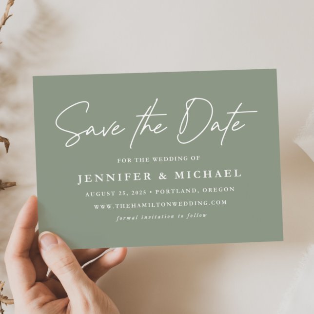 Save The Date Mariage vert décontracté Script Sage (Créateur téléchargé)