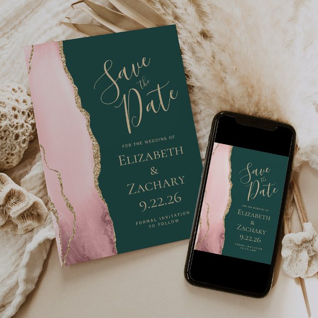 Save The Date Mariage vert émeraude rose or rose (Créateur téléchargé)