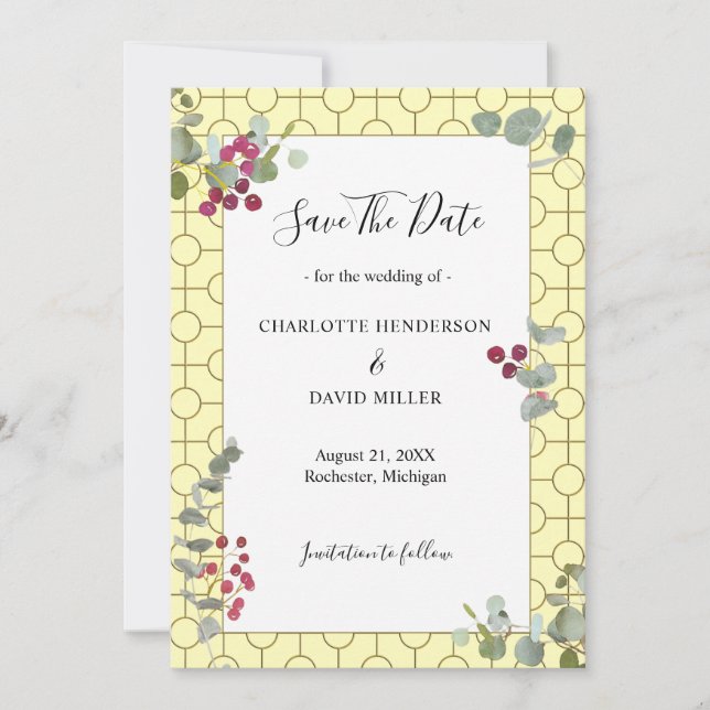 Save The Date Mariage vert Eucalyptus Bourgogne moderne Berry (Devant)
