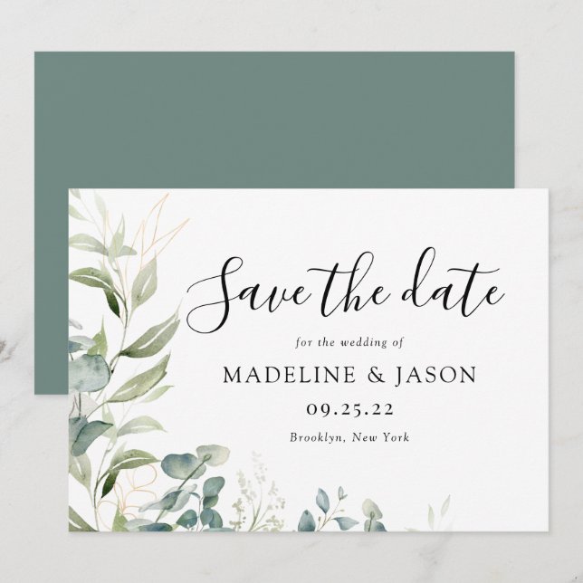 Save The Date Mariage Vert Eucalyptus Or Aquarelle (Devant / Derrière)