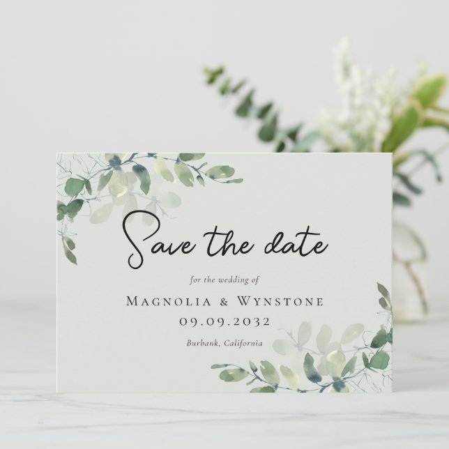 Save The Date Mariage vert Eucalyptus Sage (Debout devant)